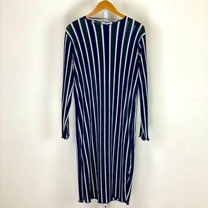 Long, sheer dress with white, blue and green stripes